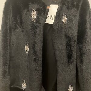 Zara Black Faux Fur Jacket with Jewel Accents